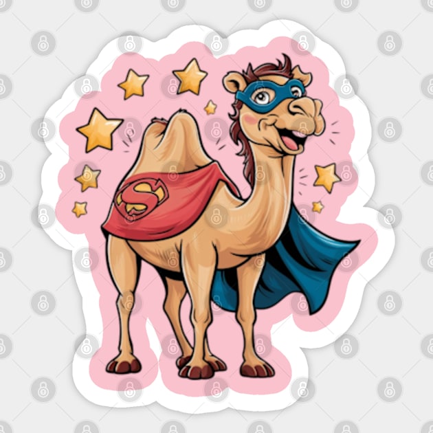 Creative and humorous vector print of a Bactrian camel, wearing a superhero cape and mask, standing confidently with a cheerful smile Sticker by YolandaRoberts